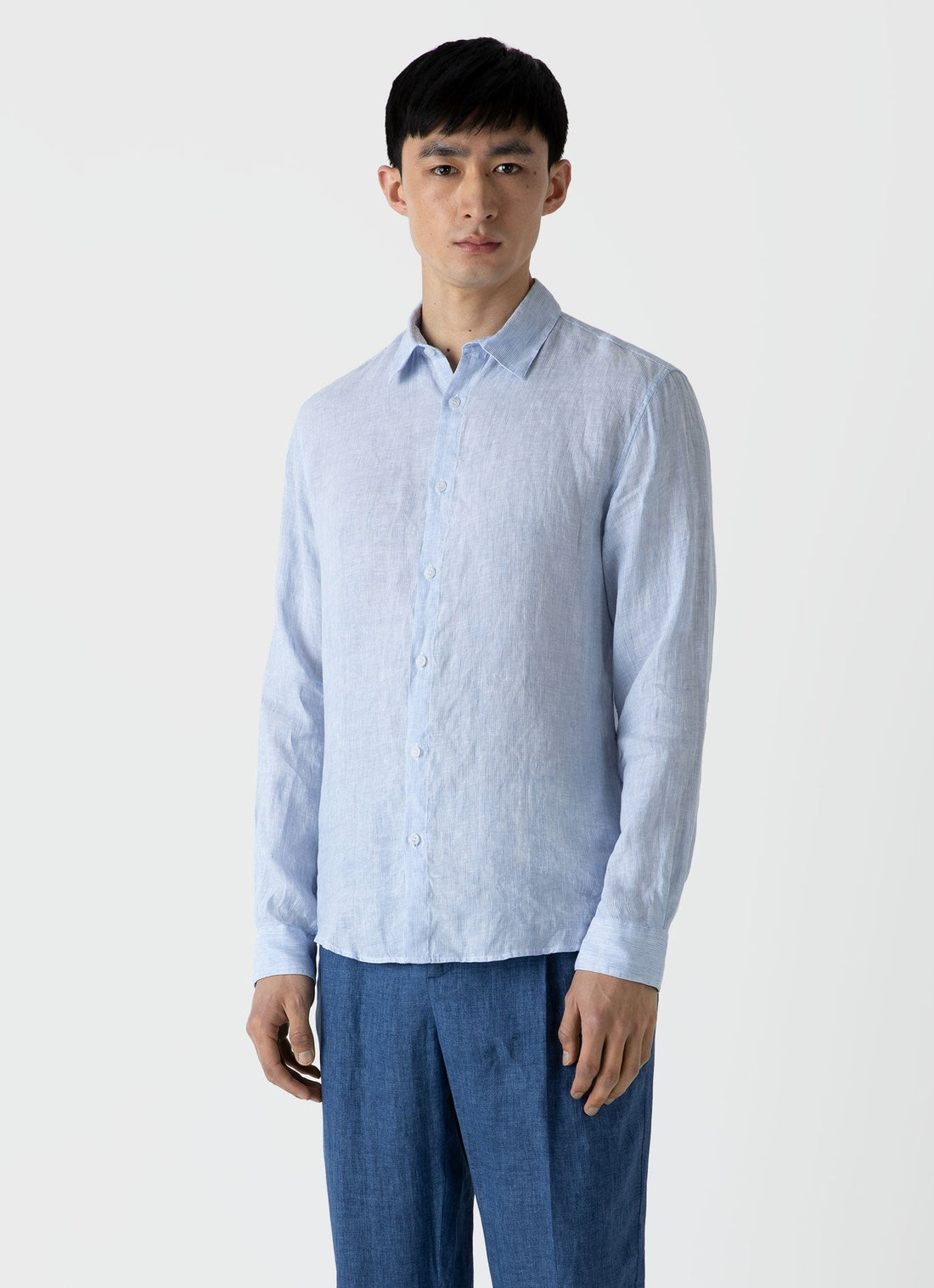 Men's Linen Long Sleeve Shirt in Cool Blue Micro Stripe