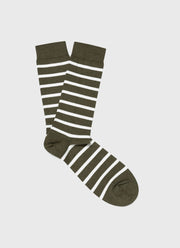 Men's Cotton Socks in Hunter Green/Ecru Breton Stripe