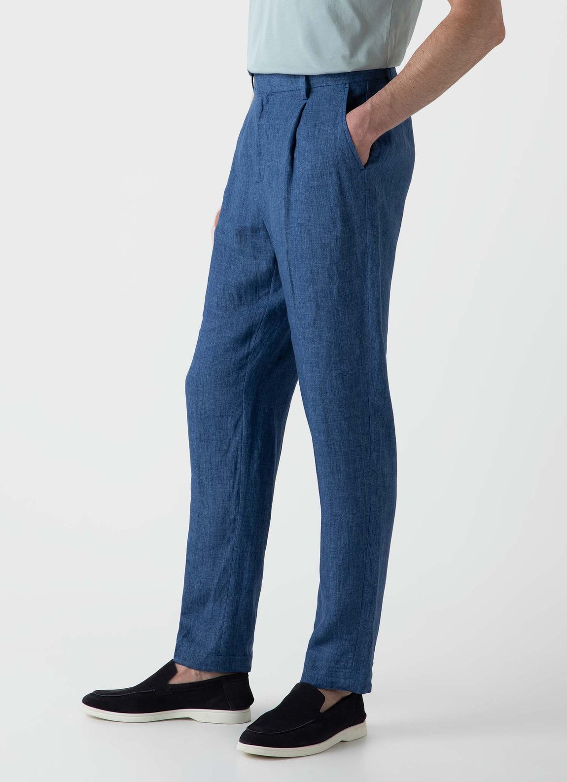 Men's Pleated Linen Trouser in Blue Melange