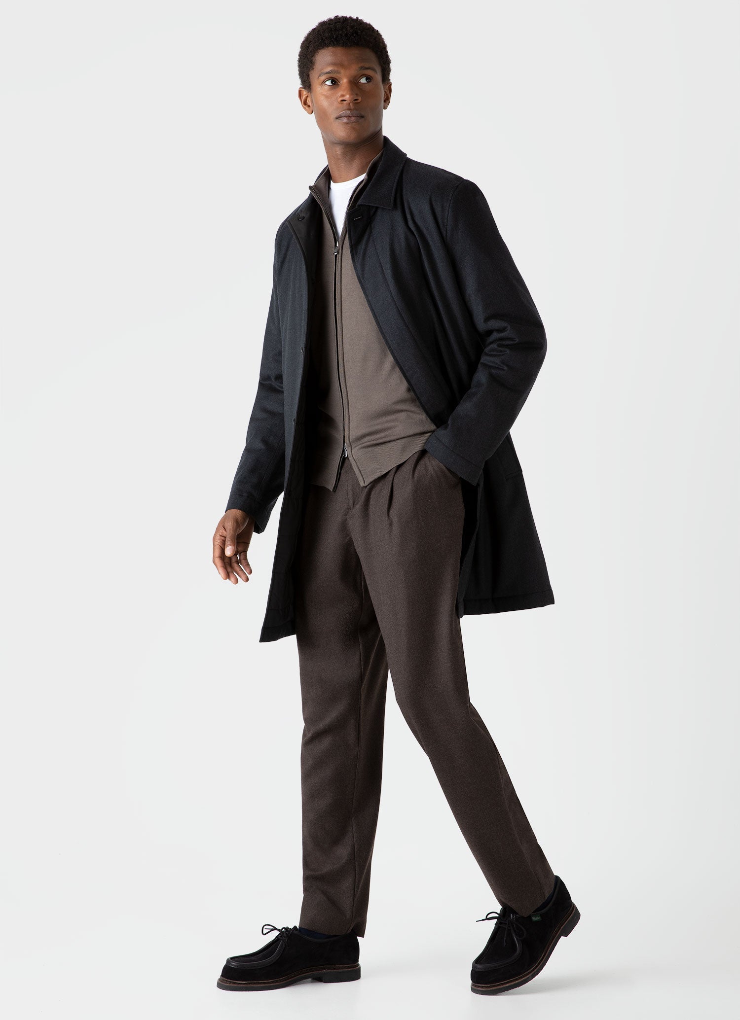 Men's Pleated Wool Flannel Trouser in Dark Brown Melange