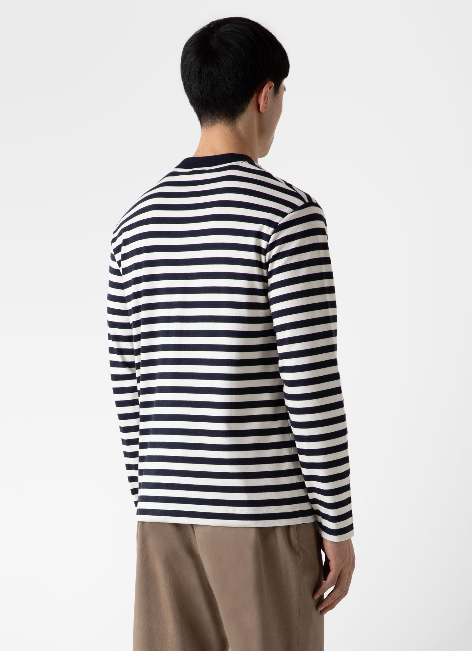 Men's Brushed Cotton Long Sleeve T-shirt in Navy/Ecru Block Stripe
