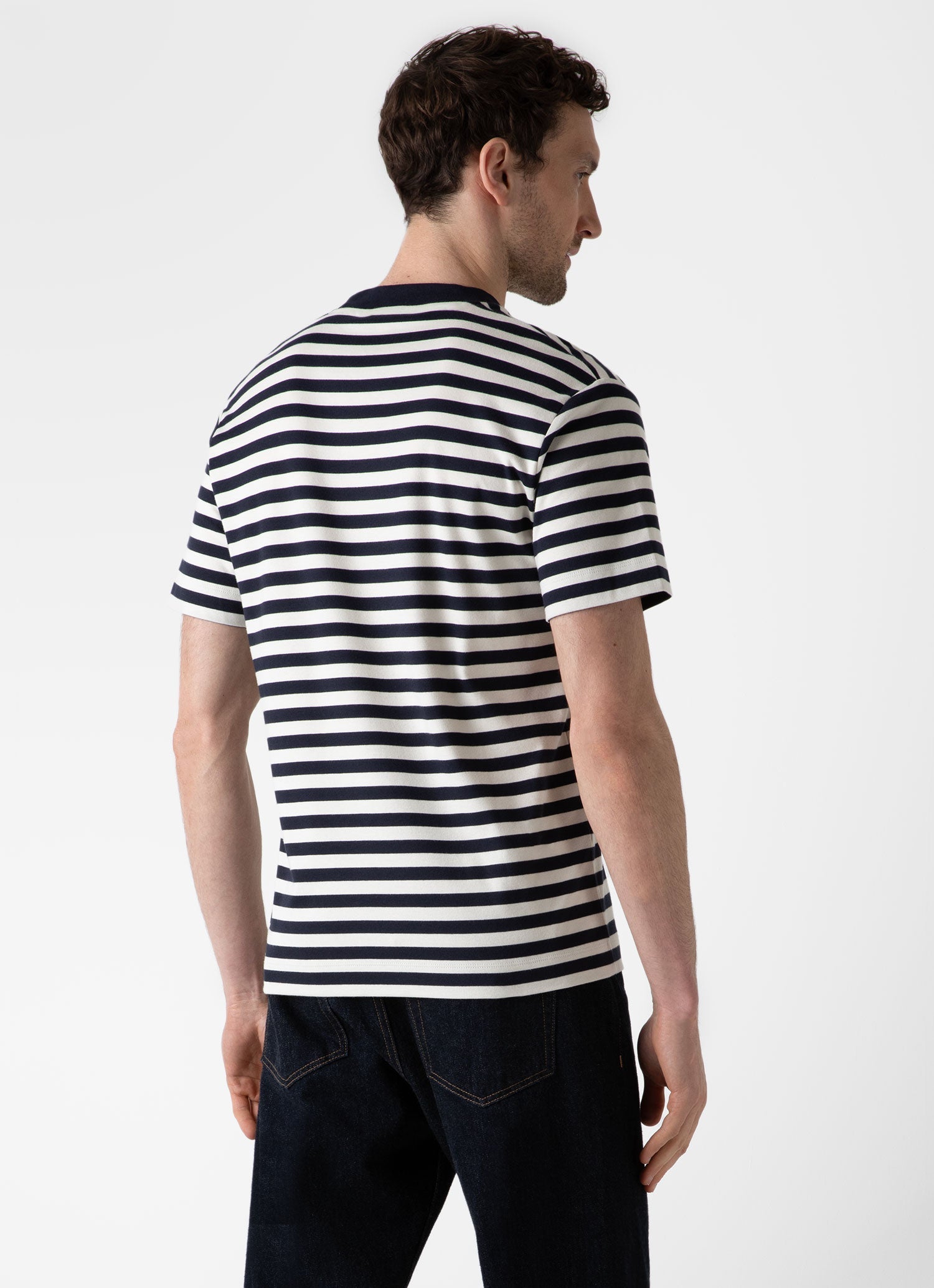 Men's Brushed Cotton T-shirt in Navy/Ecru Block Stripe