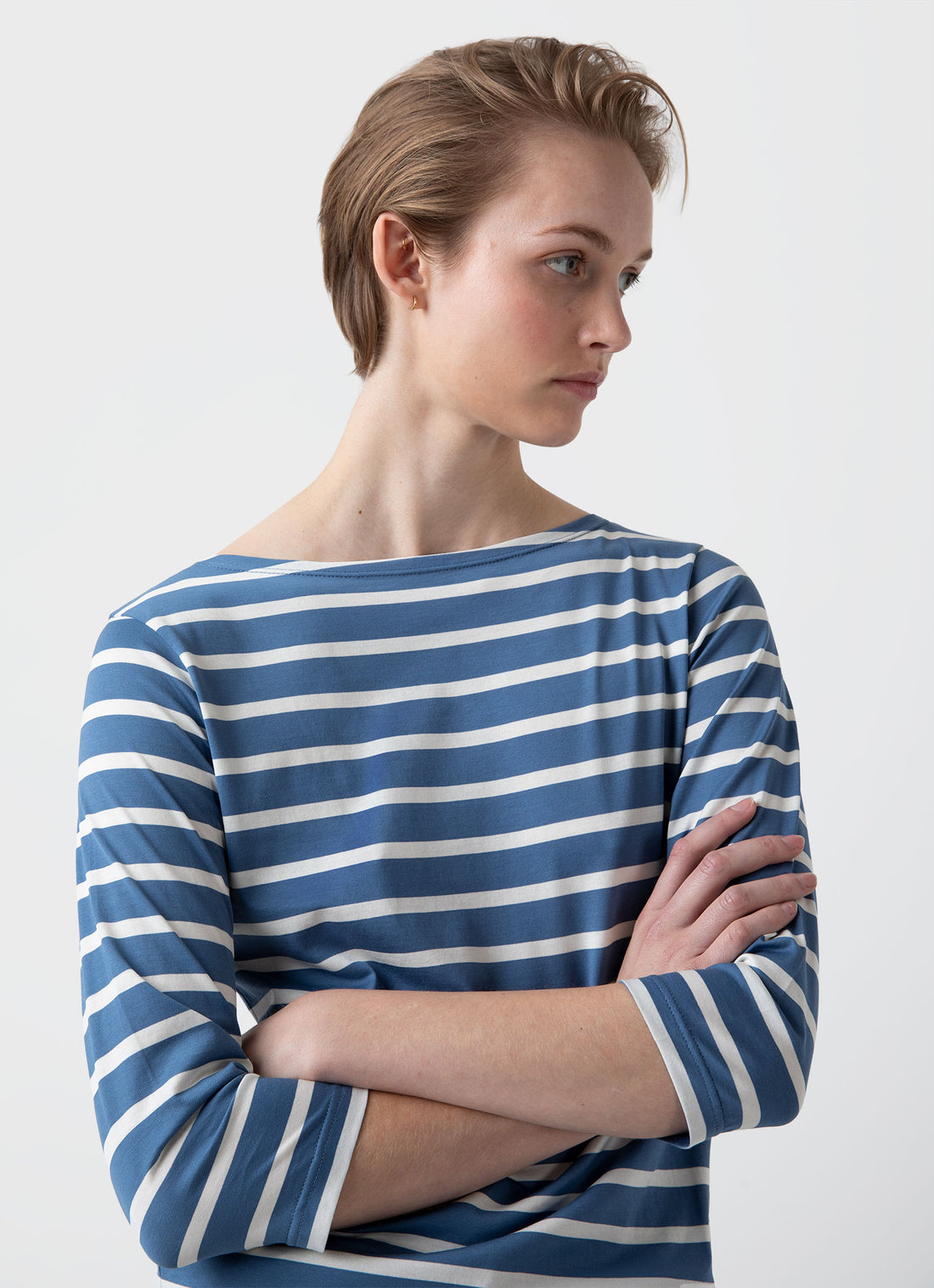Women's 3/4 Sleeve Boat Neck T-shirt in Bluestone/Ecru Breton Stripe