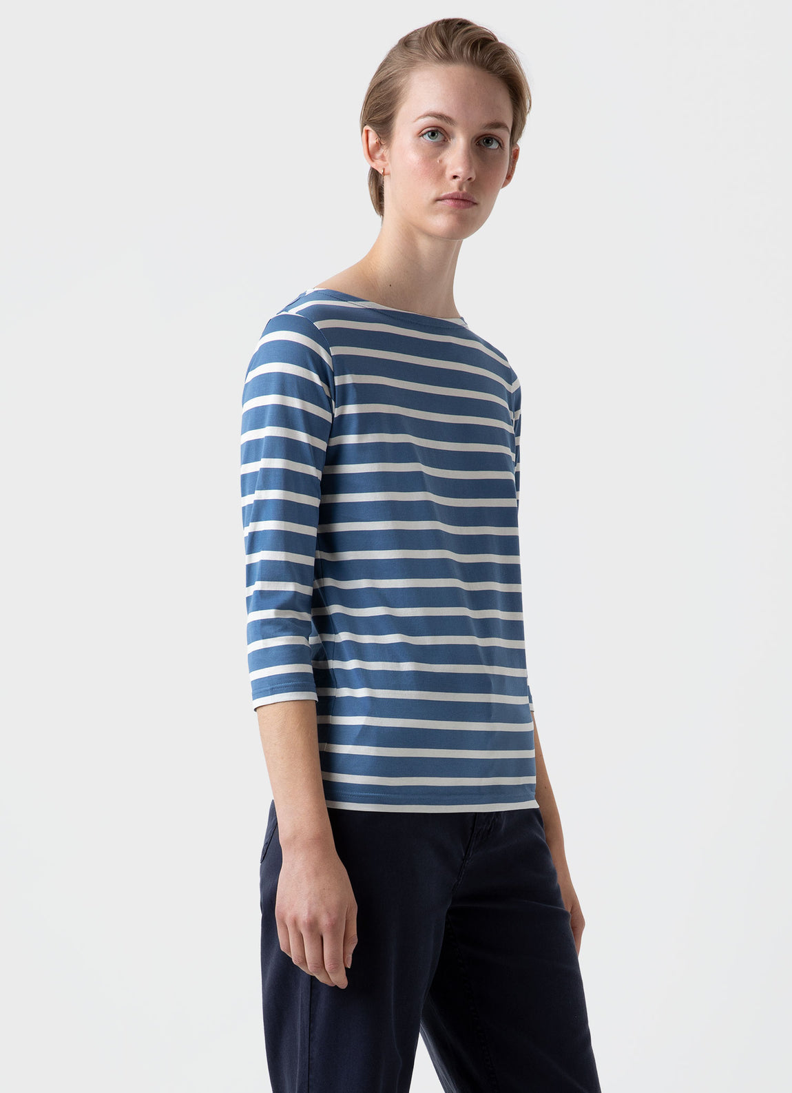 Women's Boat Neck T-shirt in Bluestone/Ecru Breton Stripe